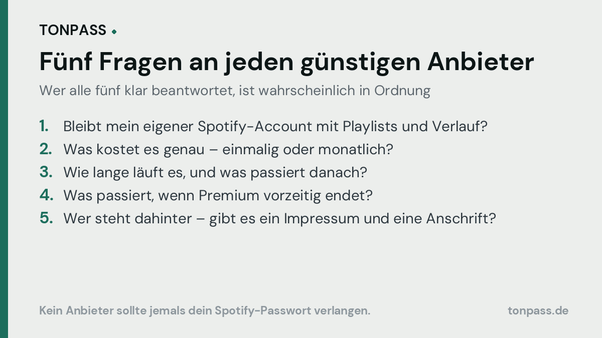 Fünf Fragen an jeden günstigen Spotify-Anbieter