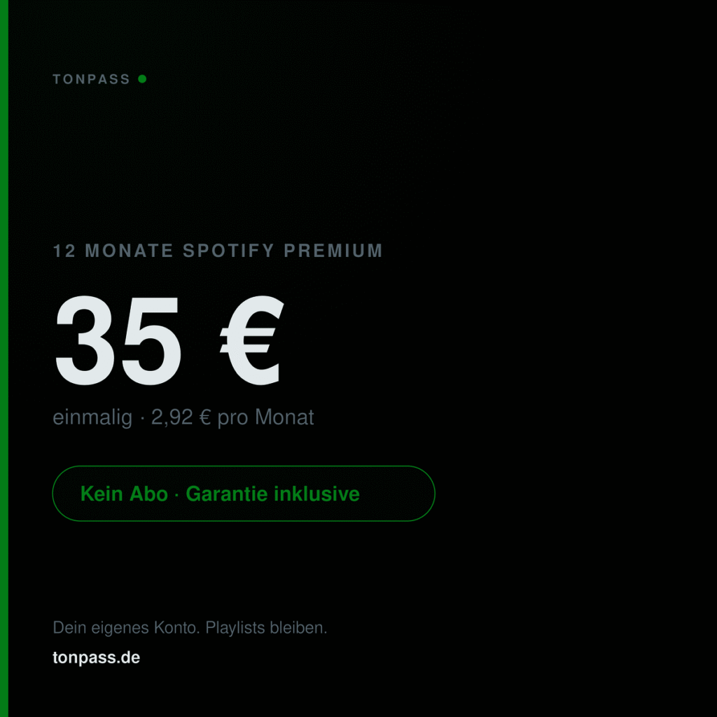 Spotify Premium 12 Monate für einmalig 35 Euro bei Tonpass