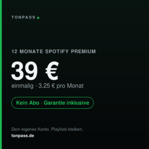 Tonpass: 12 Monate Spotify Premium fuer einmalig 39 Euro, 3,25 Euro pro Monat, kein Abo